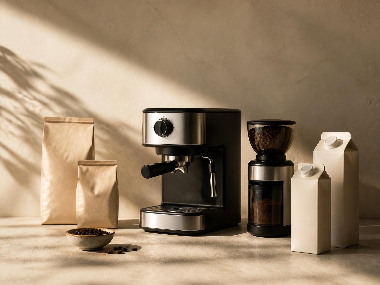 Espresso machine, grinder, coffee bags and oat milk cartons on a cream surface